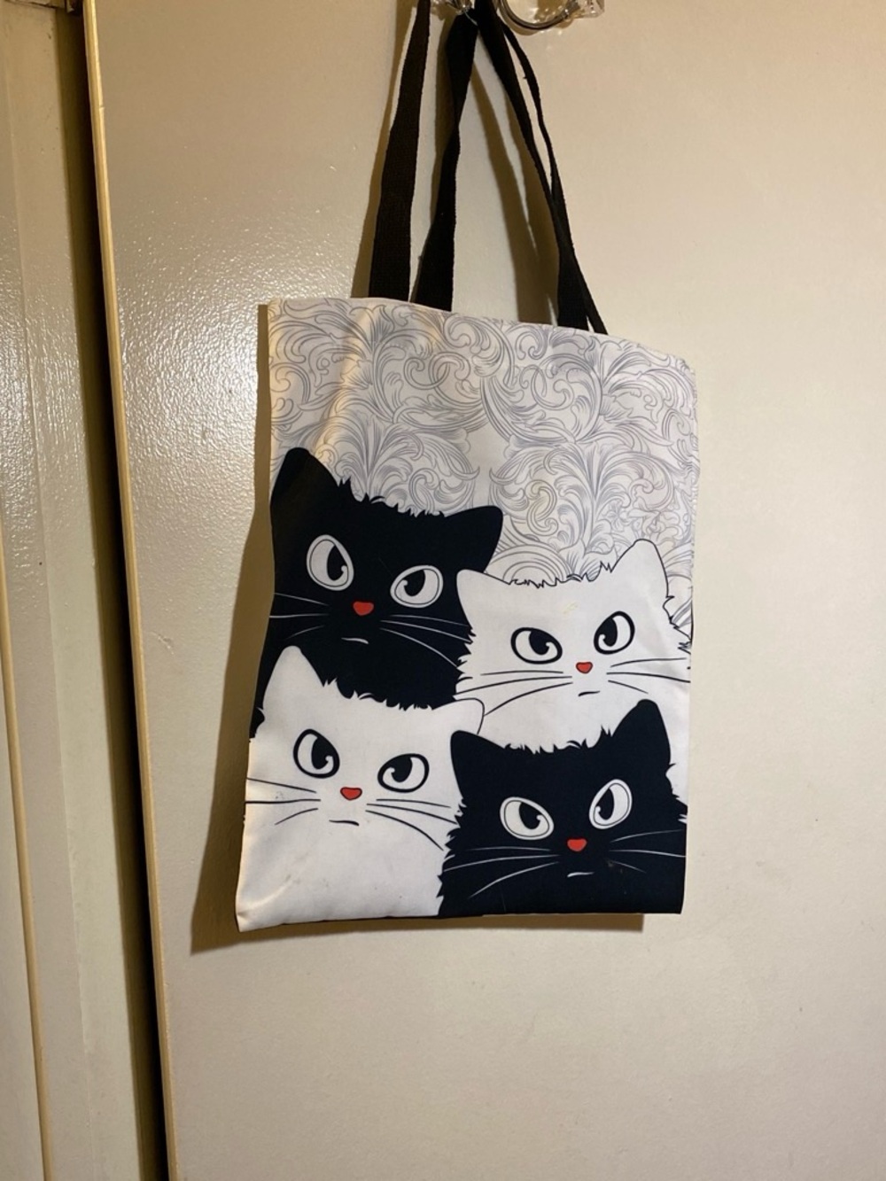 Handcrafted Unbranded Black & White Cat Print Canvas Tote Bag